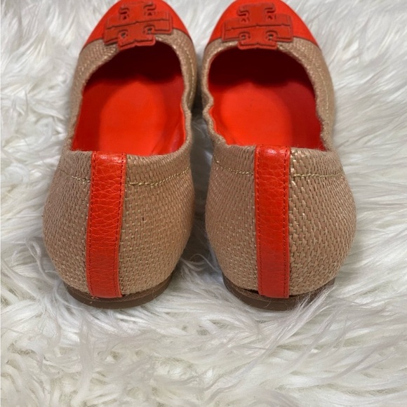 TORY BURCH Carita $298 Raffia Straw / Orange Leather Ballet Ballerina Flats 9.5 - Picture 3 of 6